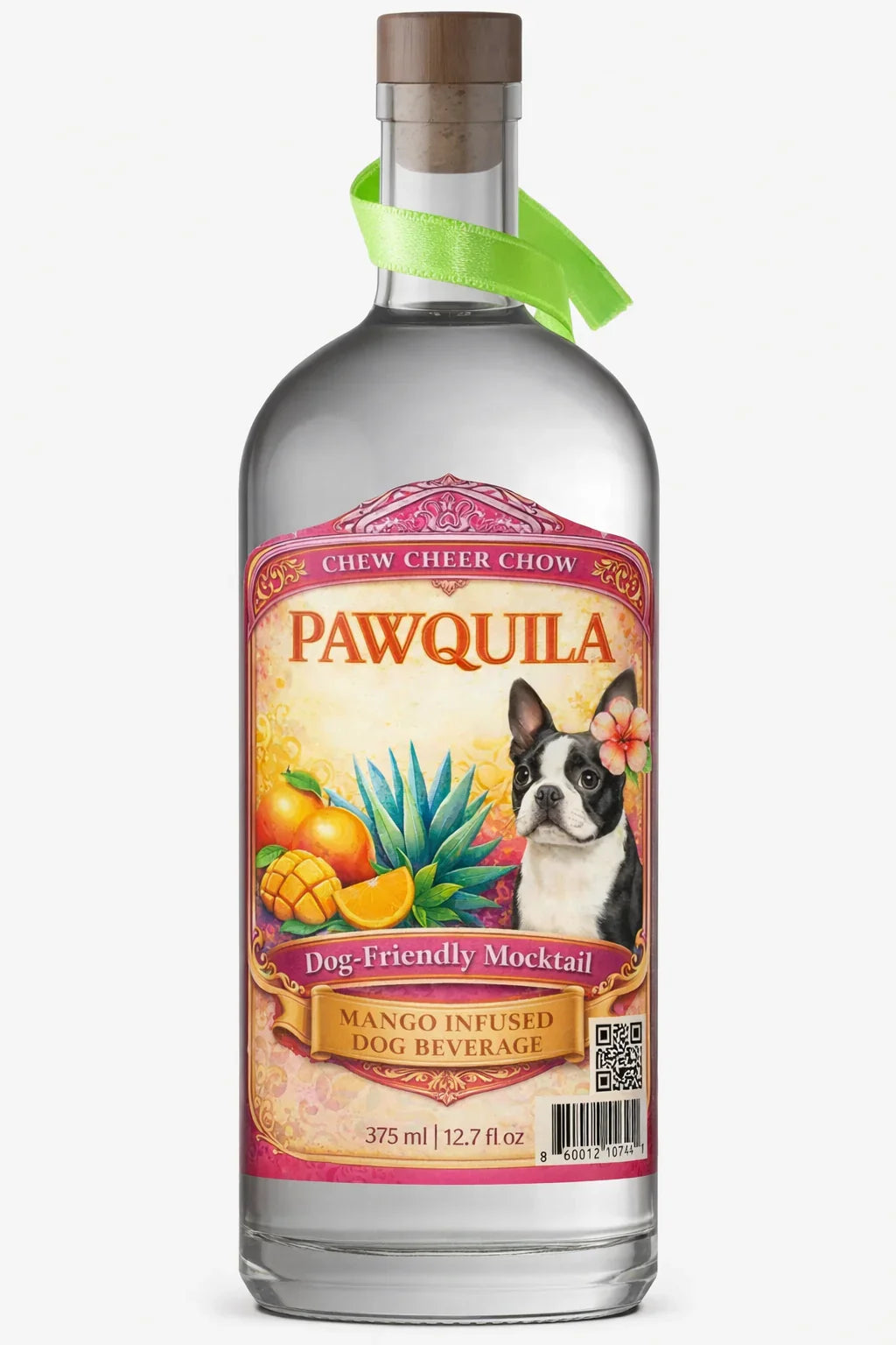 Dog-friendly mocktail bottle labeled Pawquila, mango infused dog beverage, with dog and fruit graphics.