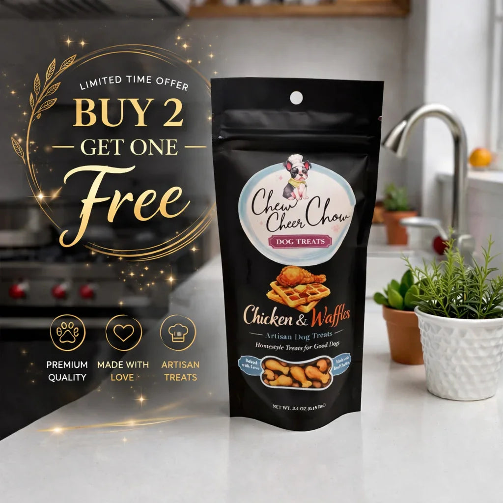 Chicken and waffles artisan dog treats bag on kitchen counter with buy 2 get 1 free offer