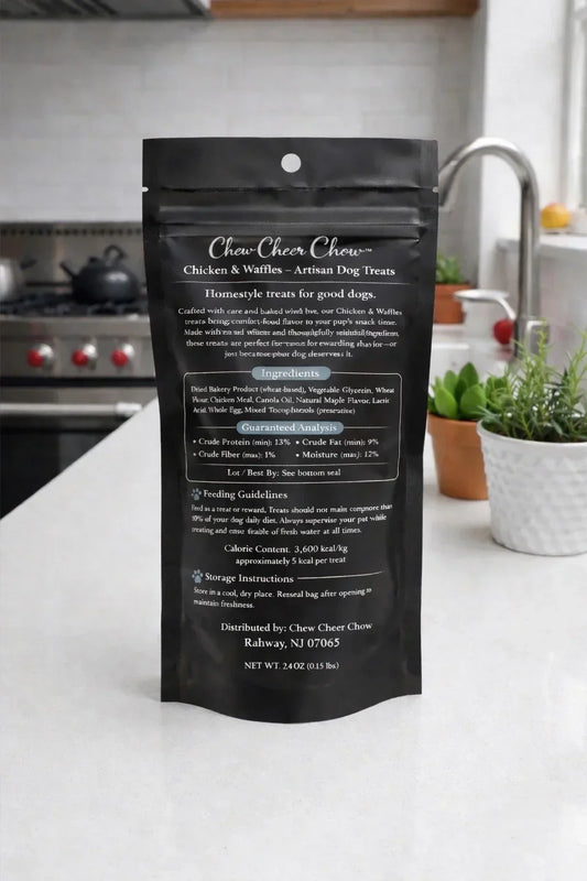 Chicken and waffles artisan dog treats packaging on a kitchen countertop with plants in background.