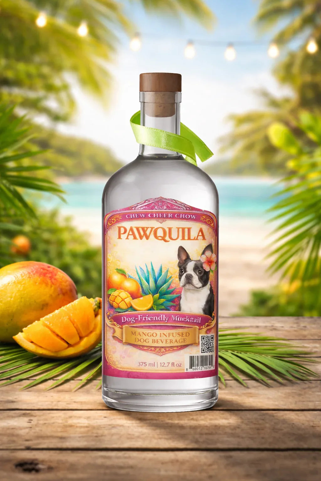 Mango infused dog beverage bottle with tropical fruits on beach background